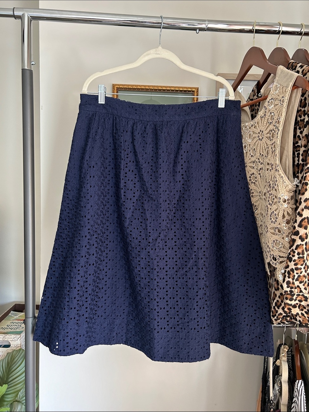 1901 size L Navy Eyelet A-Line Skirt with pockets midi length below knees